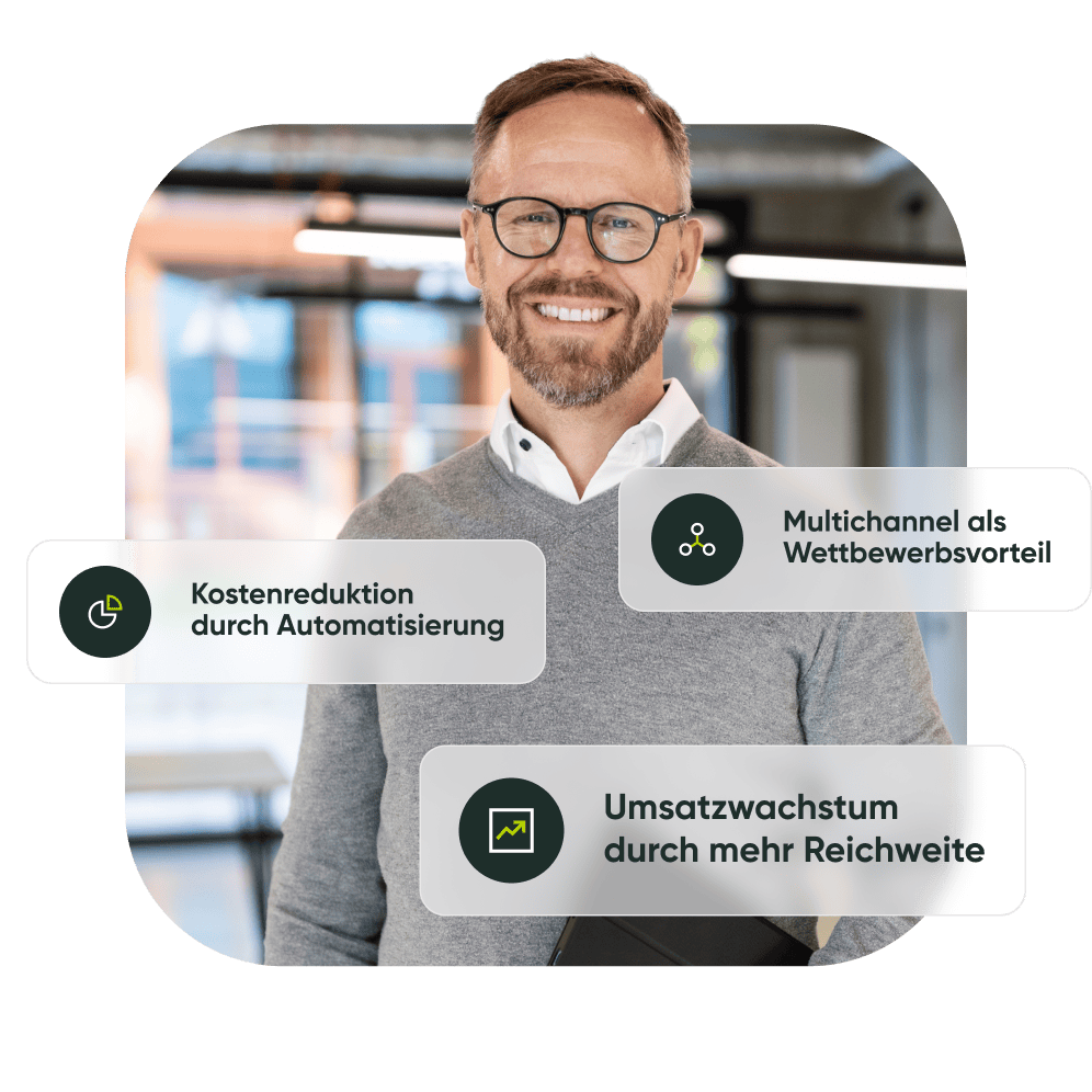 Geschäftsmann mit digitalen Infografiken zu Automatisierung und Wachstum.