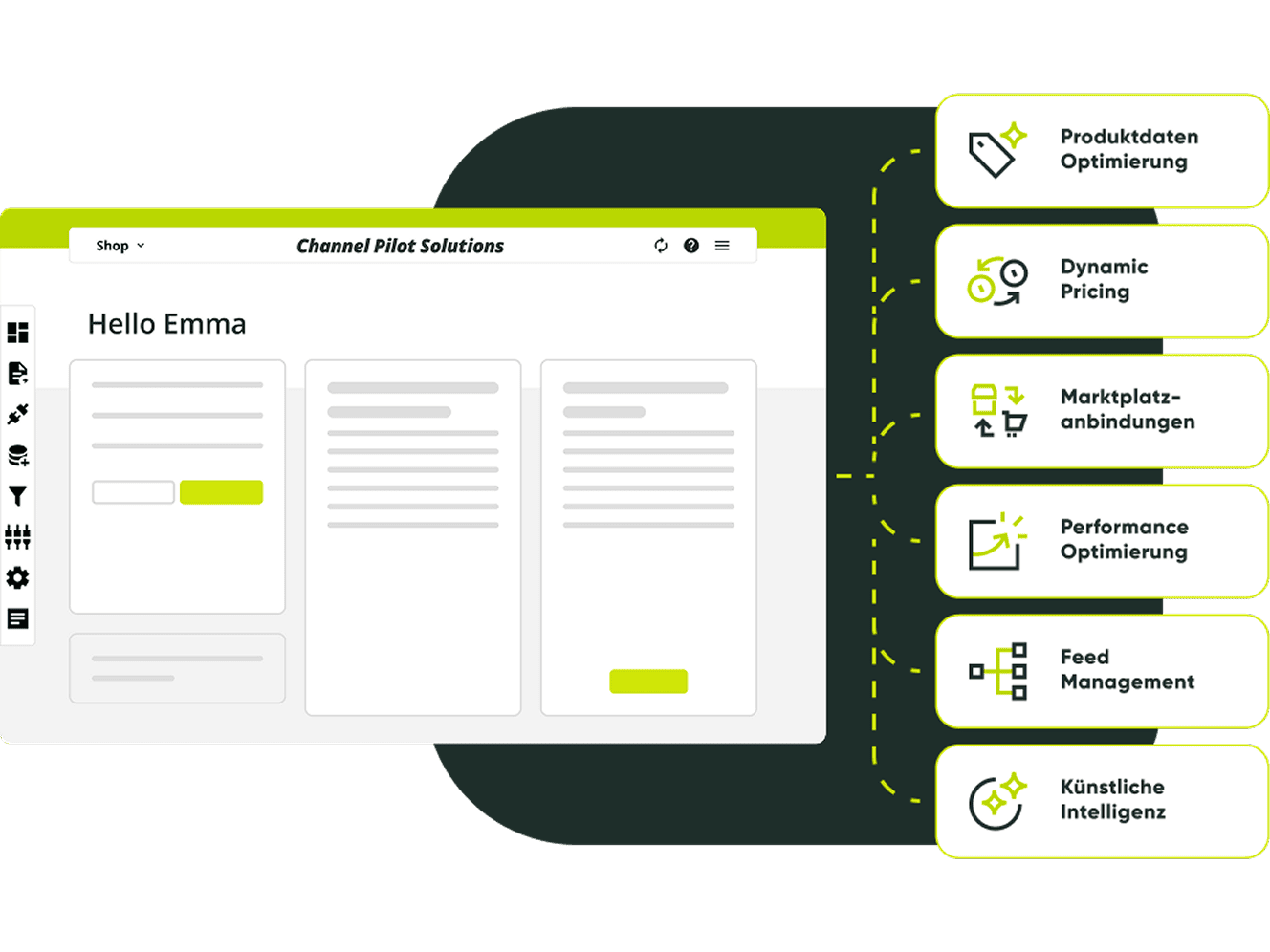 Produktdaten Optimierung, Dynamic Pricing und mehr auf der Dashboard-Oberfläche.