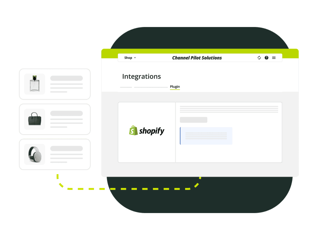 Shopify-Logo und Integrationsseite auf einem Computerbildschirm, zeigt E-Commerce-Integration.