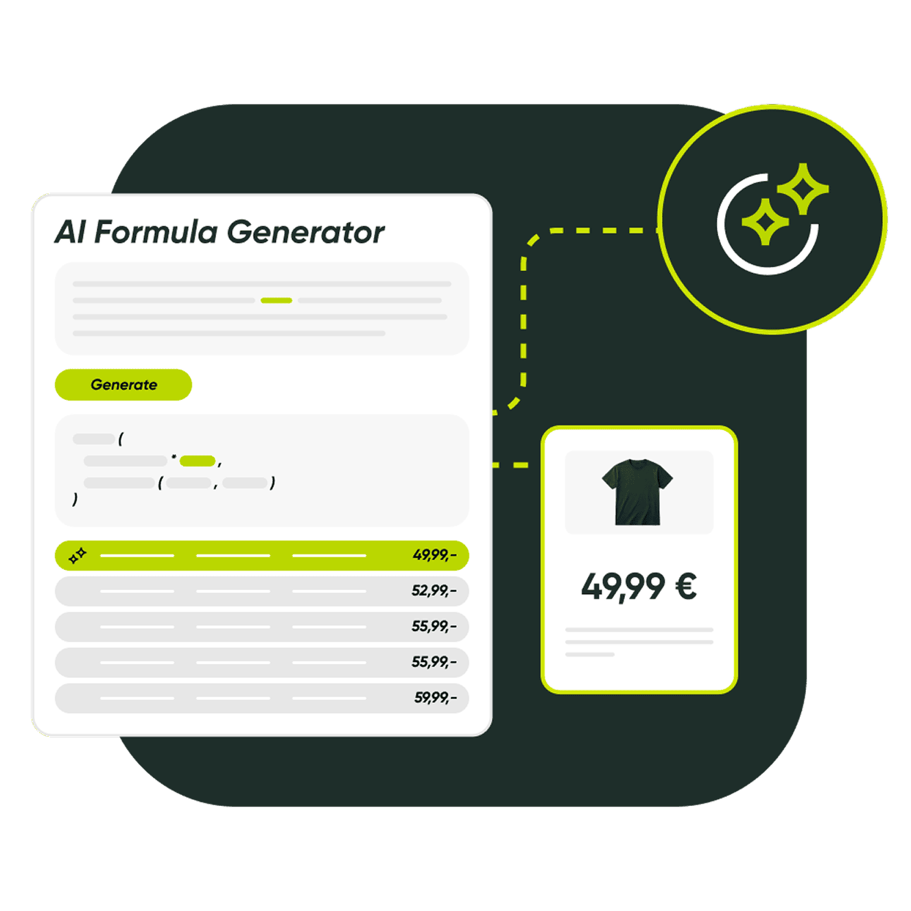 Benutzerdefinierter KI-Formelgenerator mit Preisangabe und T-Shirt.