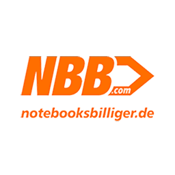 NBB.com Logo mit Text notbooksbilliger.de auf hellbeigem Hintergrund.