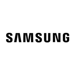 Samsung Logo, schwarzer Schriftzug auf weißem Hintergrund.