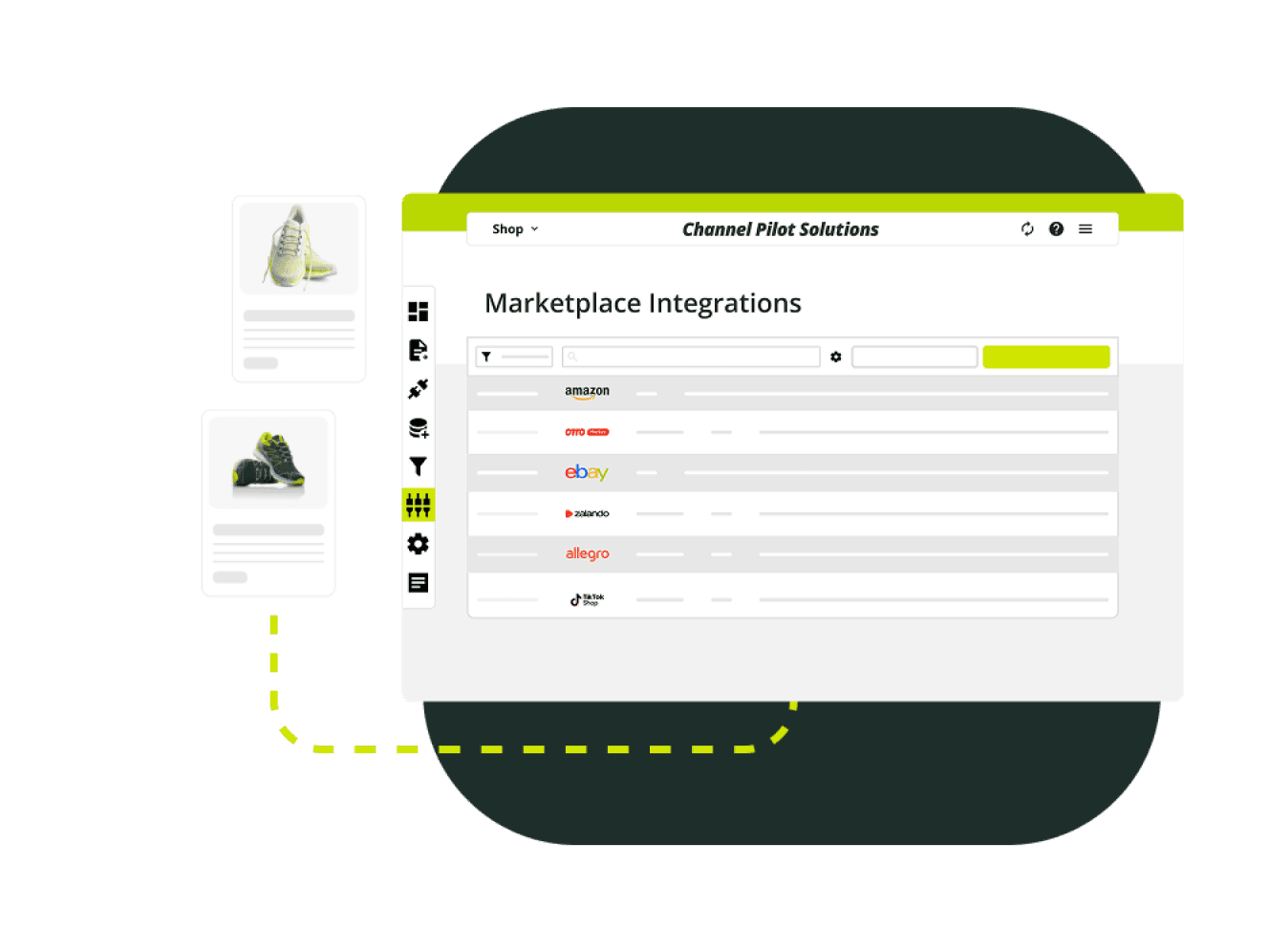 Der Bildschirm zeigt eine Plattform für Marketplace-Integrationen mit verschiedenen Anbietern.