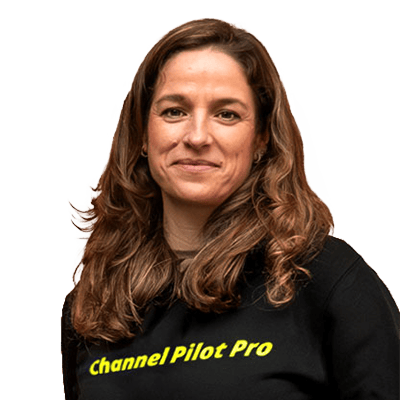 Woman with brown hair wearing a black t-shirt with "Channel Pilot Pro" lettering.