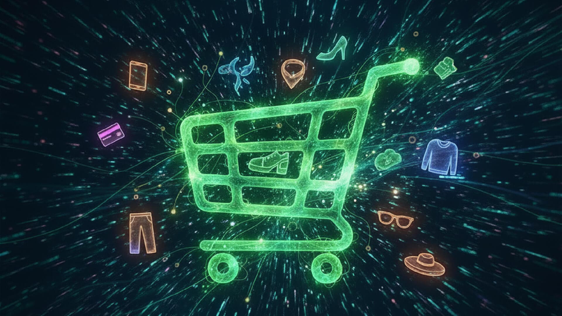Agentic Commerce: Leuchtender digitaler Einkaufswagen im Datenstrom, umgeben von Produkt‑Icons als Symbol für KI‑gesteuerten Onlinehandel.