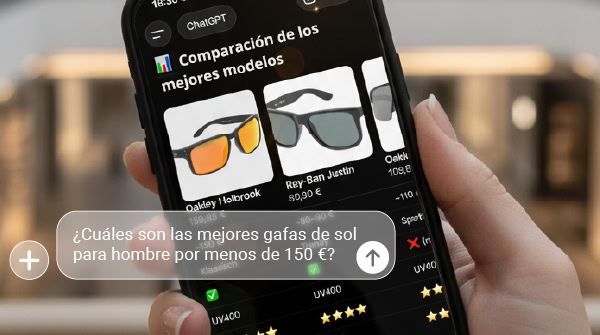 Comercio Agéntico: El agente de compras de IA compara modelos de gafas de sol en el smartphone según el requisito „mejores gafas de sol para hombres por menos de 150 euros“.