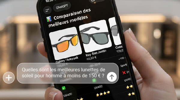 Commerce Agentiel : un agent d'achat basé sur l'IA compare des modèles de lunettes de soleil sur smartphone selon la consigne „ meilleures lunettes de soleil pour hommes de moins de 150 euros “.