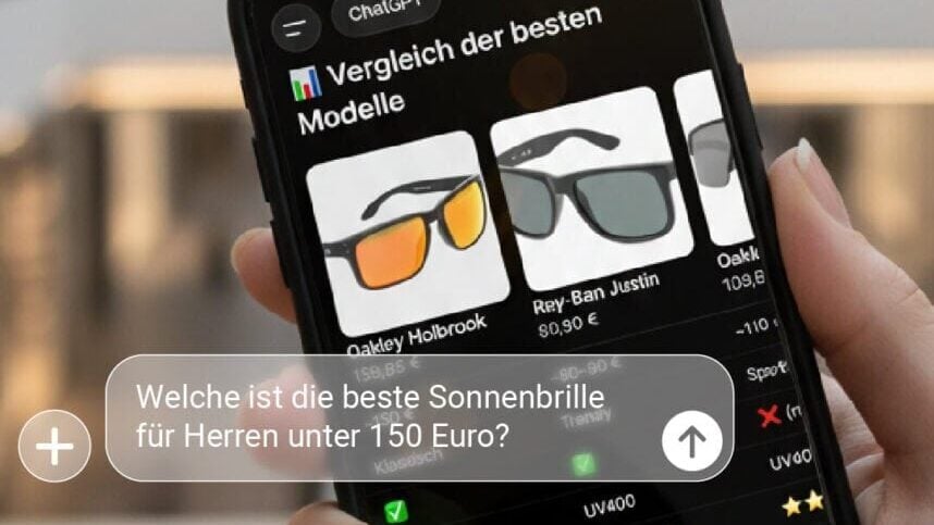 Agentic Commerce: KI-Shopping-Agent vergleicht Sonnenbrillen-Modelle auf dem Smartphone nach Vorgabe „beste Sonnenbrille für Herren unter 150 Euro“.