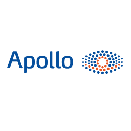 Apollo Logo mit Slogan und Design-Elementen, modernes Firmenlogo in Blau und Orange.