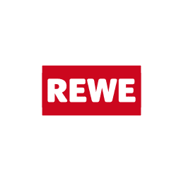 REWE Logo in Weiß auf rotem Hintergrund