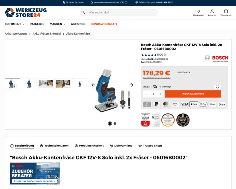 Akku-Kantenfräse Bosch GKF 12V-8, kabellos, kompakt und leistungsstark für präzise Fräsarbeiten.