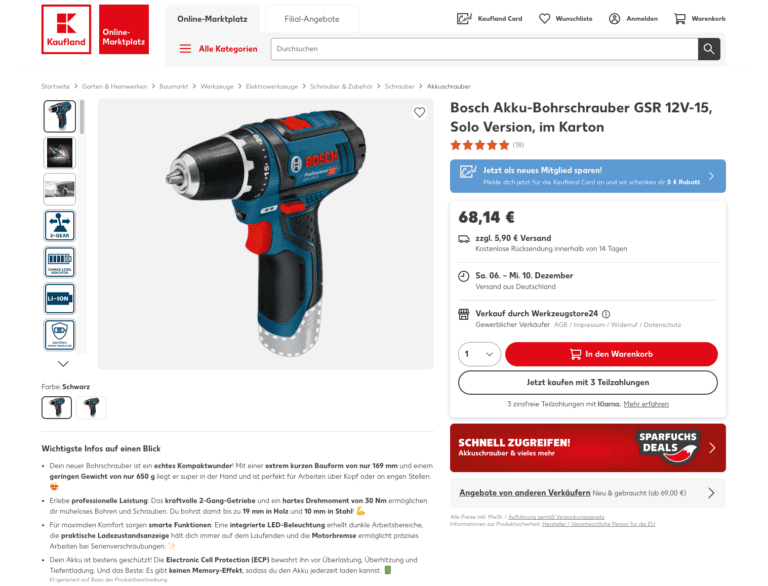 Bosch Akku-Bohrschrauber GSR 12V-15, Solo Version, im Karton.